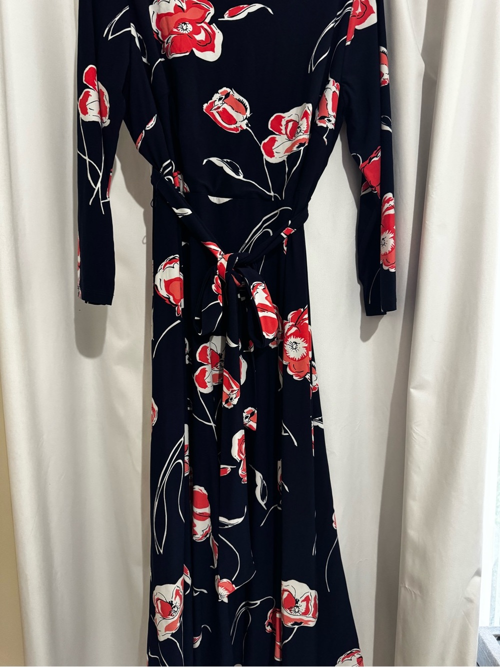 Kasper Navy Maxi Wrap Dress with Red & White Floral Print